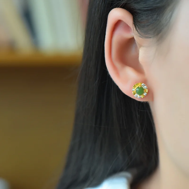 

S925 Silver Inlay Hetian Green Jade Round Noodle Ear Studs
