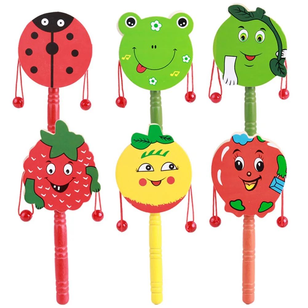 3pcs Wooden Wave Drum Baby Educational For Infant Newborn Shaking Rattle-Drum Hand Eye Coordination Multifunctional Pattern