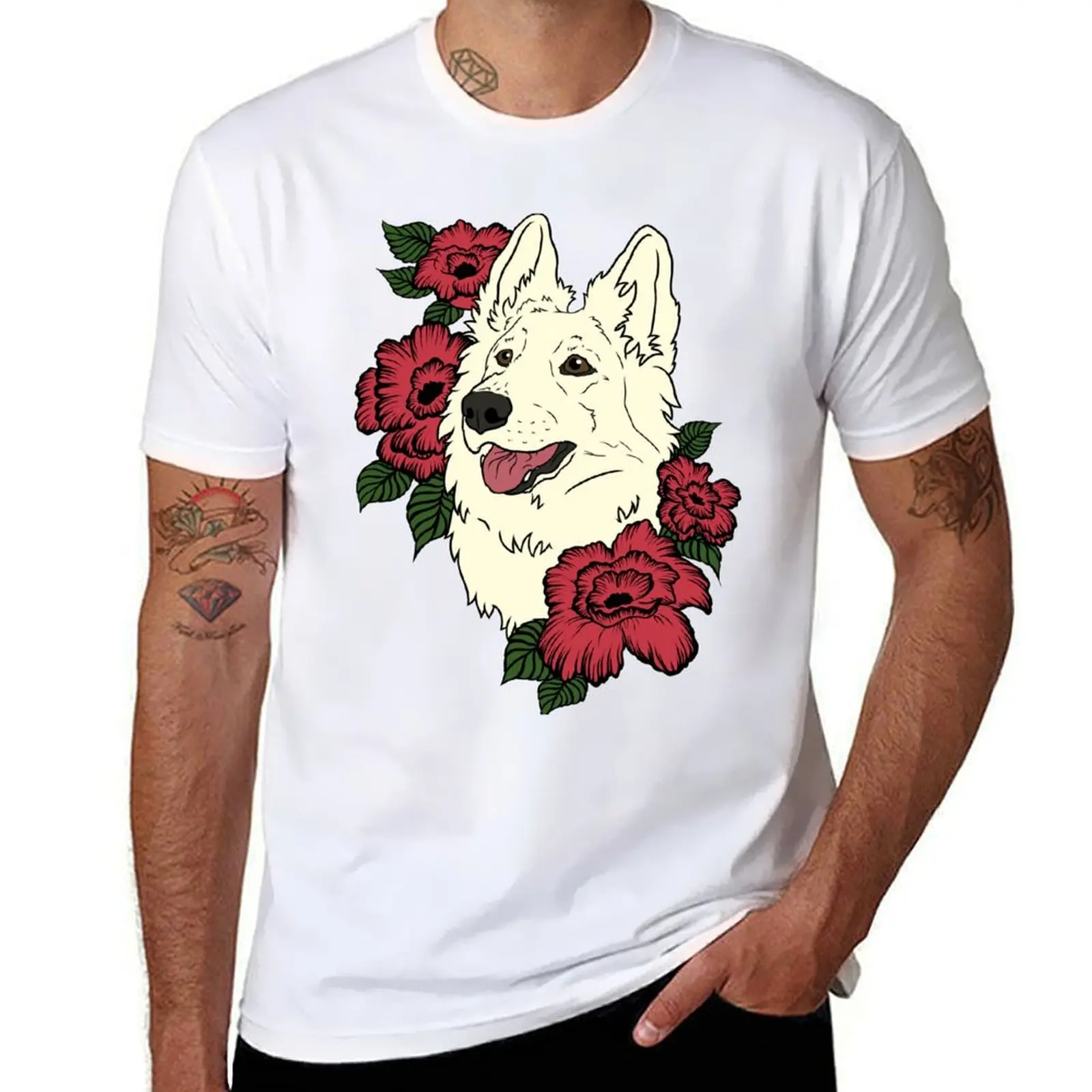 

White Swiss Shepherd with red flowers T-Shirt man t shirts high quality luxury brand cotton tshirt 100% man tshirt T-Shirt