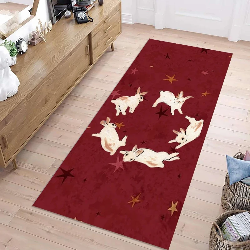 VIKAMA Cute Rabbit & Star Print Runner Rug, Red Non-Slip Floor Mat for Kids Room, Hallway & Nursery Decor
