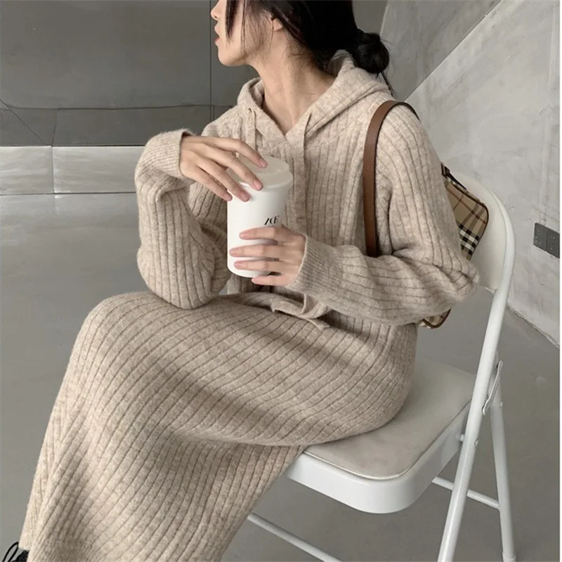 

Woolen skirt 2025 Korean Style Hooded Knitted Dress Women's New Loose Slimming below the Knee Long Sleeve