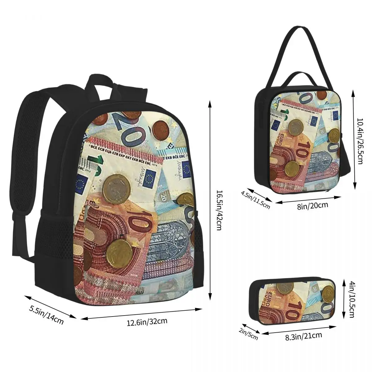 Euro Banknotes And Coins Backpacks Students Bookbag School Bags Rucksack Lunch Bag Pen Bag Three-Piece Set