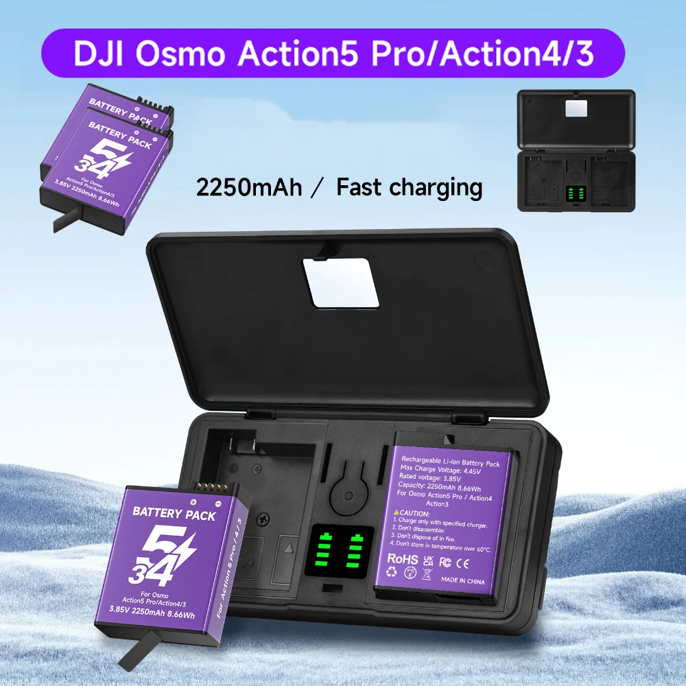 

2250mAh Battery for Dji Osmo Action 5 Pro with Dual Slot Battery Charger For Action 5 Pro Action 4/3 Sports Camera Accessories