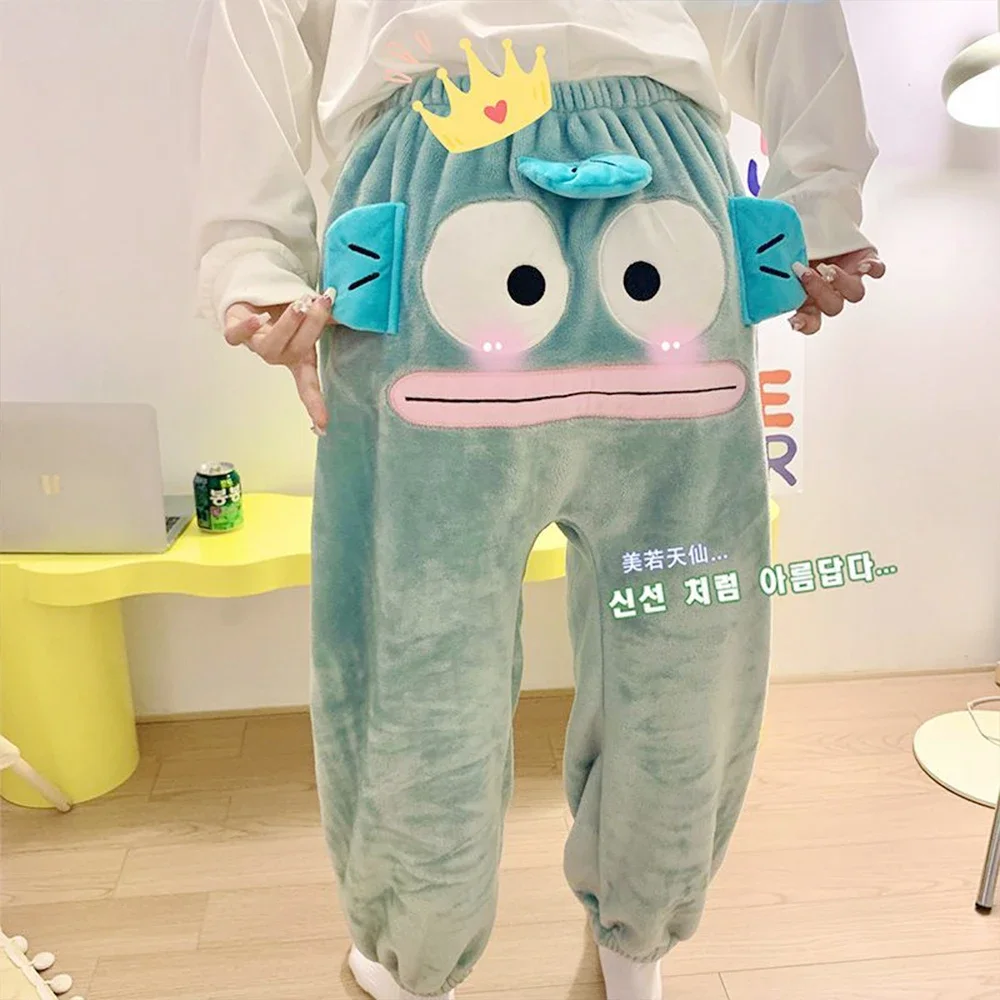 Kawaii Hangyodon Sanrioed Kind Frauen Plüsch Pyjama Hosen Anime Winter Warme Korallen Fleece Hause Kleidung Verdicken Hosen Nette Weiche