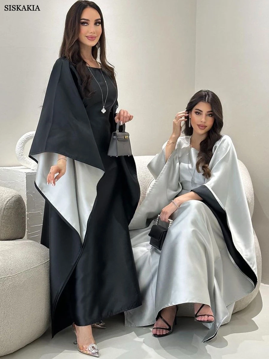 Siskakia Solid Batwing Sleeve Abayas For Muslim Woman O-Neck Elegant Casual Loose Moroccan Dubai Saudi Kaftan Fashion Robe 2024