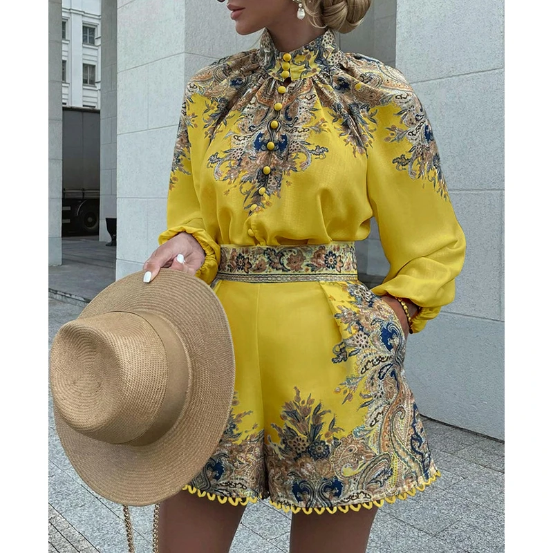 Autumn Slim Fit Printed Suit Women Lantern Sleeve Turtleneck Single-Breasted Shirt Top High Waist Pocket Wide Leg Shorts Suit