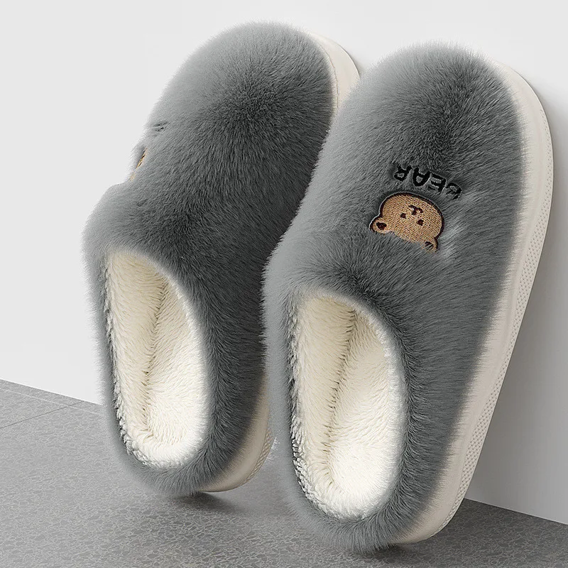 Zapatillas de casa de invierno para hombre y mujer, zapatos peludos de oso de dibujos animados, toboganes de felpa cálidos, planos antideslizantes para dormitorio interior