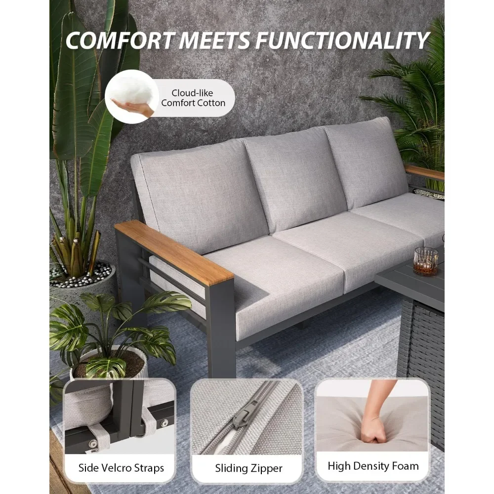 Juego de muebles de aluminio para patio al aire libre, sofá seccional para exteriores de 8 piezas con mesa para fogones de gas propano de 44 pulgadas con tapizado