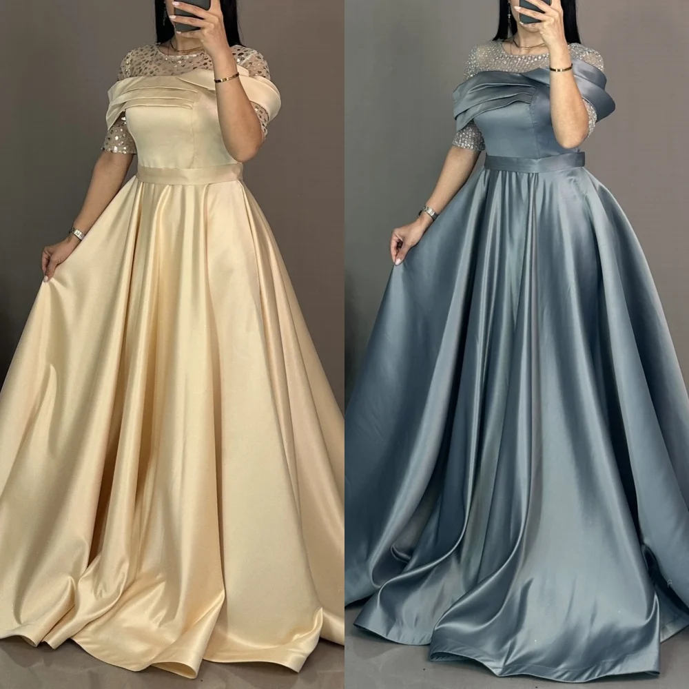 

Customized Elegant Classic Charmeuse Sequined Pleat A-line Scoop Neck Long Dresses Bespoke Occasion Dresses Sizes Available