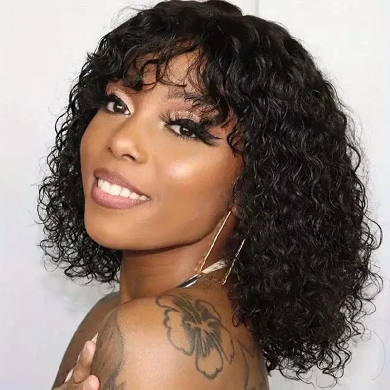 Curly Human Hair Wigs Full Machine Made for Women Short Bob With Bangs Affordable Natural Black Hairline Styling Ready