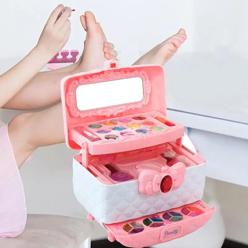 Kids Makeup Set 32pcs Pretend Play Real Makeup Toys Interactive Preschool Learning Activities Kids Cosmetic Set With Box For