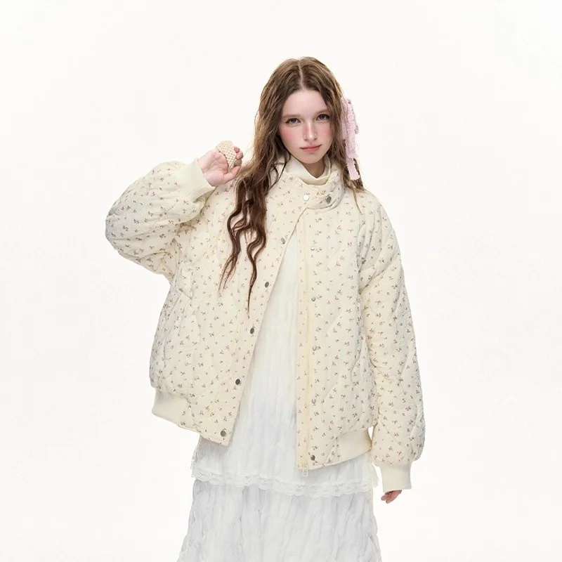 Korean Pink Floral Quilted Small Petite Down Cotton Parkas Women Stand Collar Button New Coat Fashion Warm Casual Cozy Soft