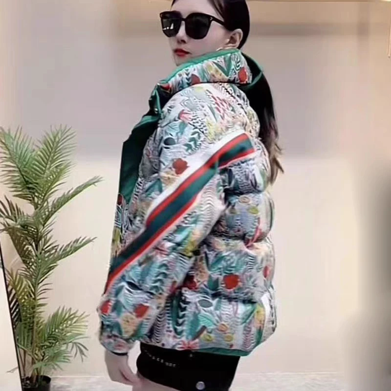 Women\'s Color Printed High-End Down Jacket, Splicing Short Coat Female Thick White Duck Down, Casual Vacation Tops, Winter, 2024