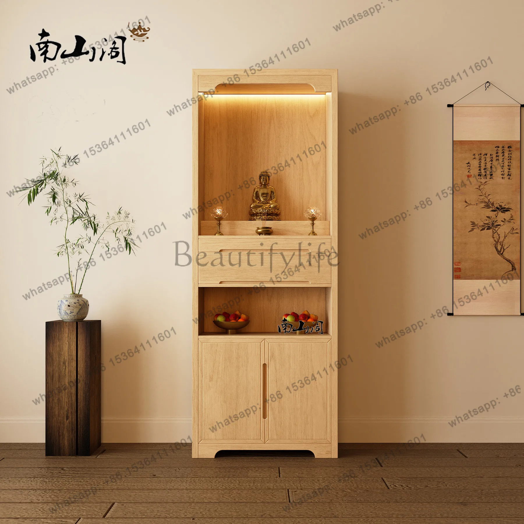 YJ New Chinese Style Ash Wood Solid Wood Standing Shrine Cabinet Custom-made Home Altar Table For Guanyin God of Wealth