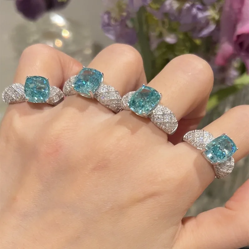 Live Broadcast of The New S925 Silver Paraiba 7 * 9mm Fat Square Dream Catcher Ring Ring with Small Red Book Style, Niche