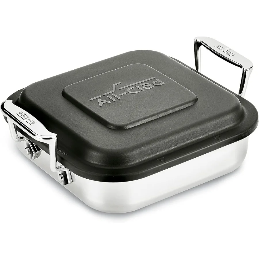 

Specialty Stainless Steel and Plastic Lid Square Covered Baking Pan 8x8 Inch Oven Broiler Safe 600F Pots and Pans Silver