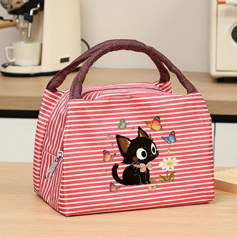 Cartoon Black Kitten Butterfly Daisy Print Insulated Lunch Bag Portable Thermal Tote Bag for Work School Outdoor Picnic