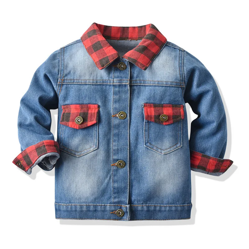 

Autumn and winter children's denim Jacket new long sleeve cardigan red and black checked patchwork denim jacket