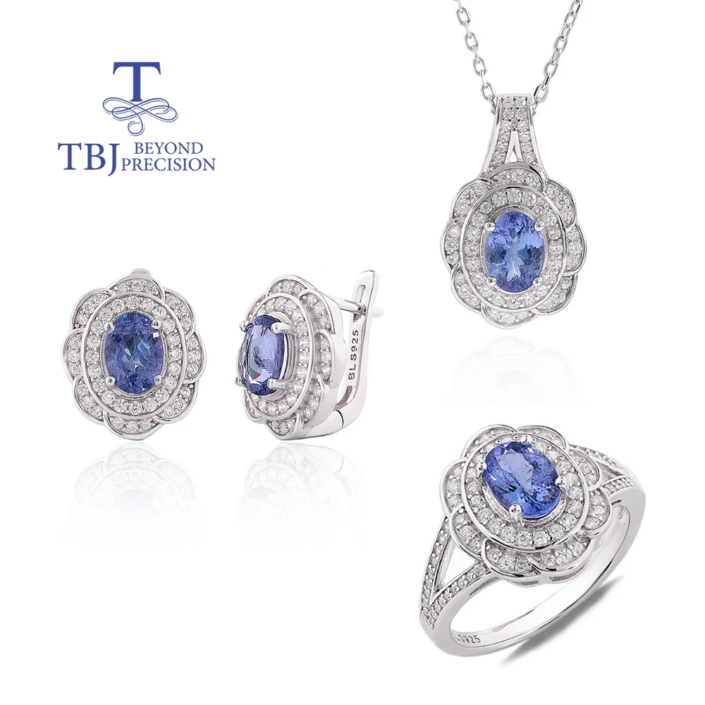

Elegant flower design Natural Tanzanite Ring Earrings Pendant Necklace Set 925 sterling silver jewelry for women's banquet gifts