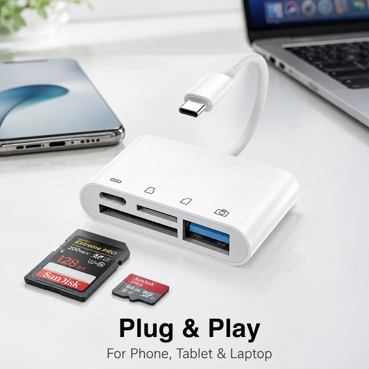 4-in-1 Type-C OTG SD/TF Card Reader High Speed Plug & Play for iPhone Samsung Huawei Xiaomi Laptop Camera USB Flash Drive