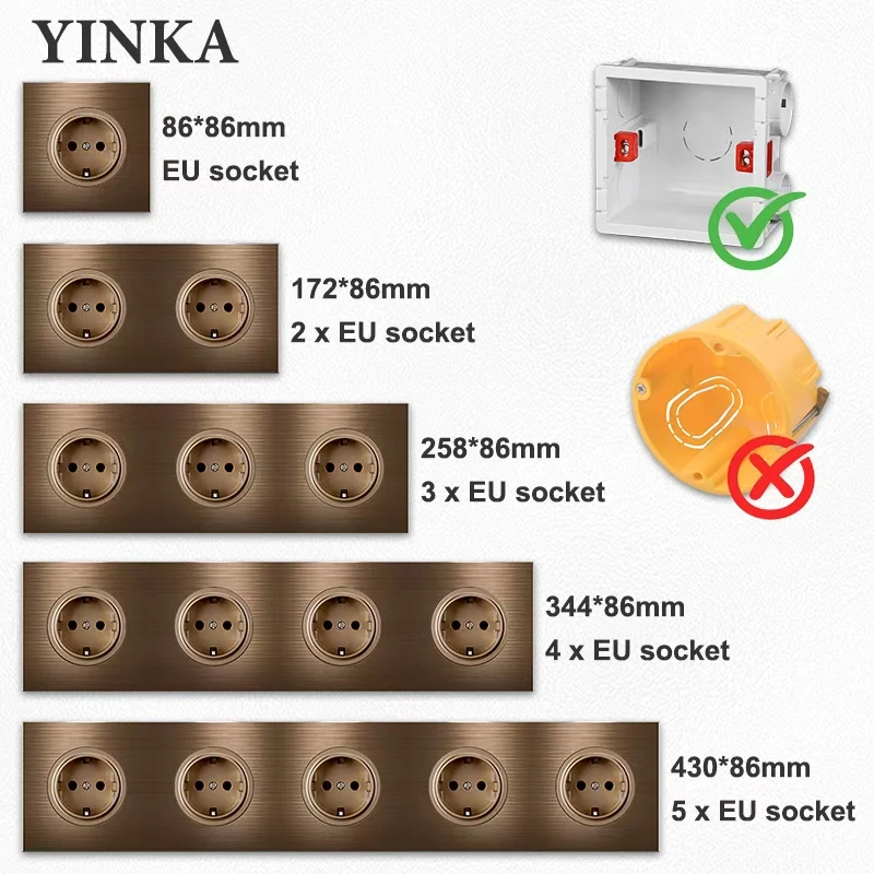 YINKA Coffee Brown Brushed Aluminum Wall Socket EU Schuko 16A EU/FR Standard 1-5 Gang Power Outlet Wall Mounted Durable