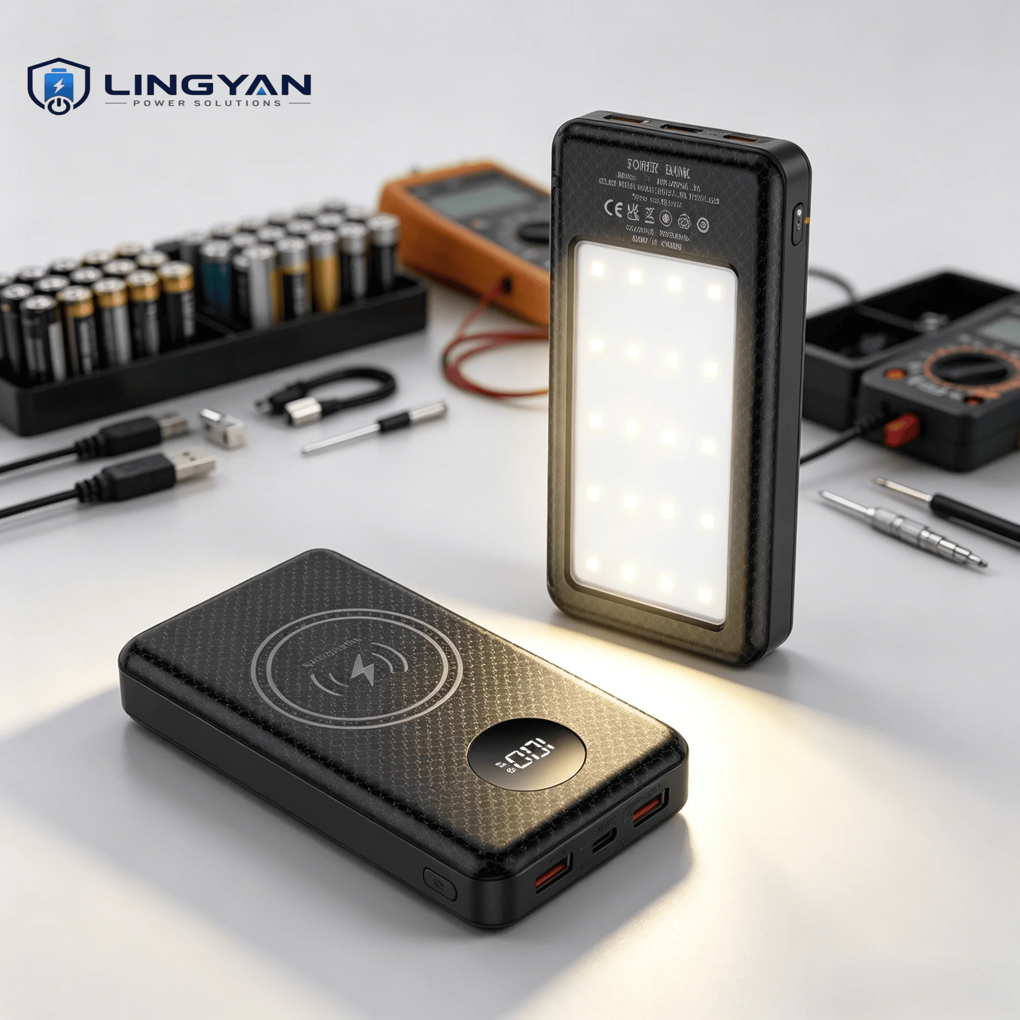 Integrated LED Lamp 18650 Charging Case, Portable 6 Slots Power Bank Housing Compatible with 22.5W PD QC & 15W Wireless Charge