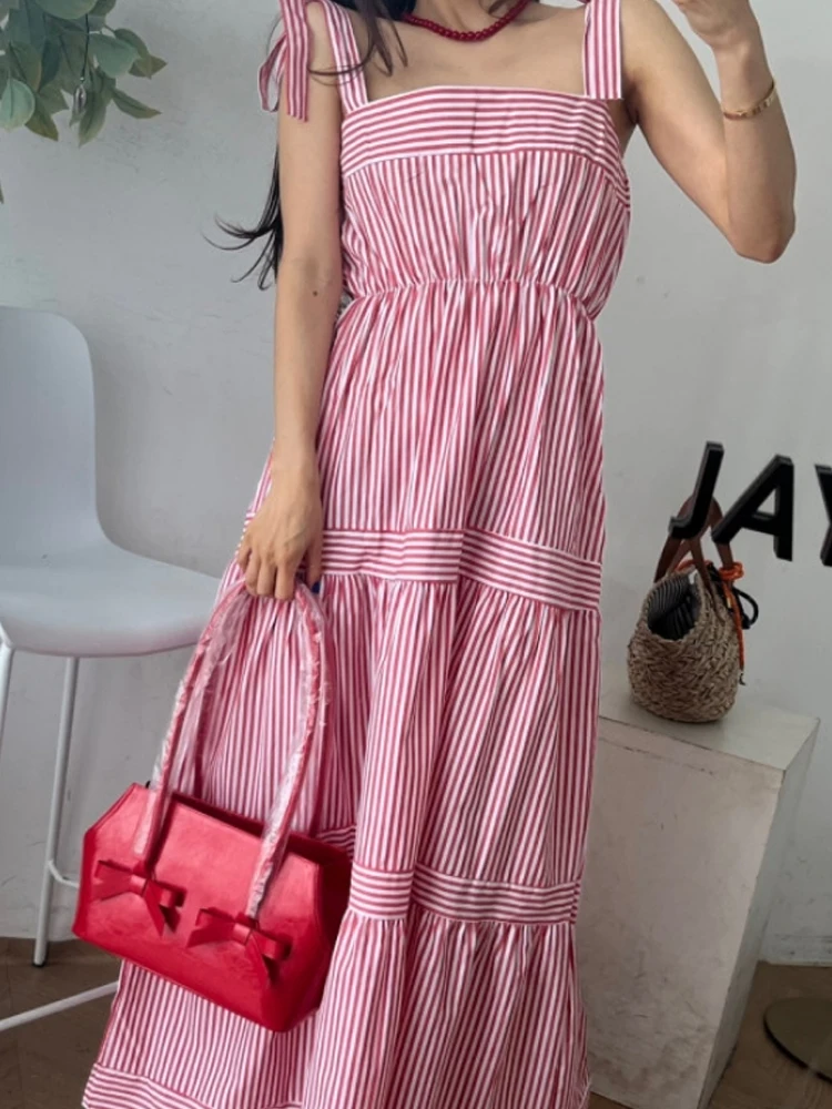 Zomer Streep Band Dr Losse Strand Vaion Fee Rok Hoge Taille A-lijn Jurk Koreaanse Sle No Sve Lange Dr