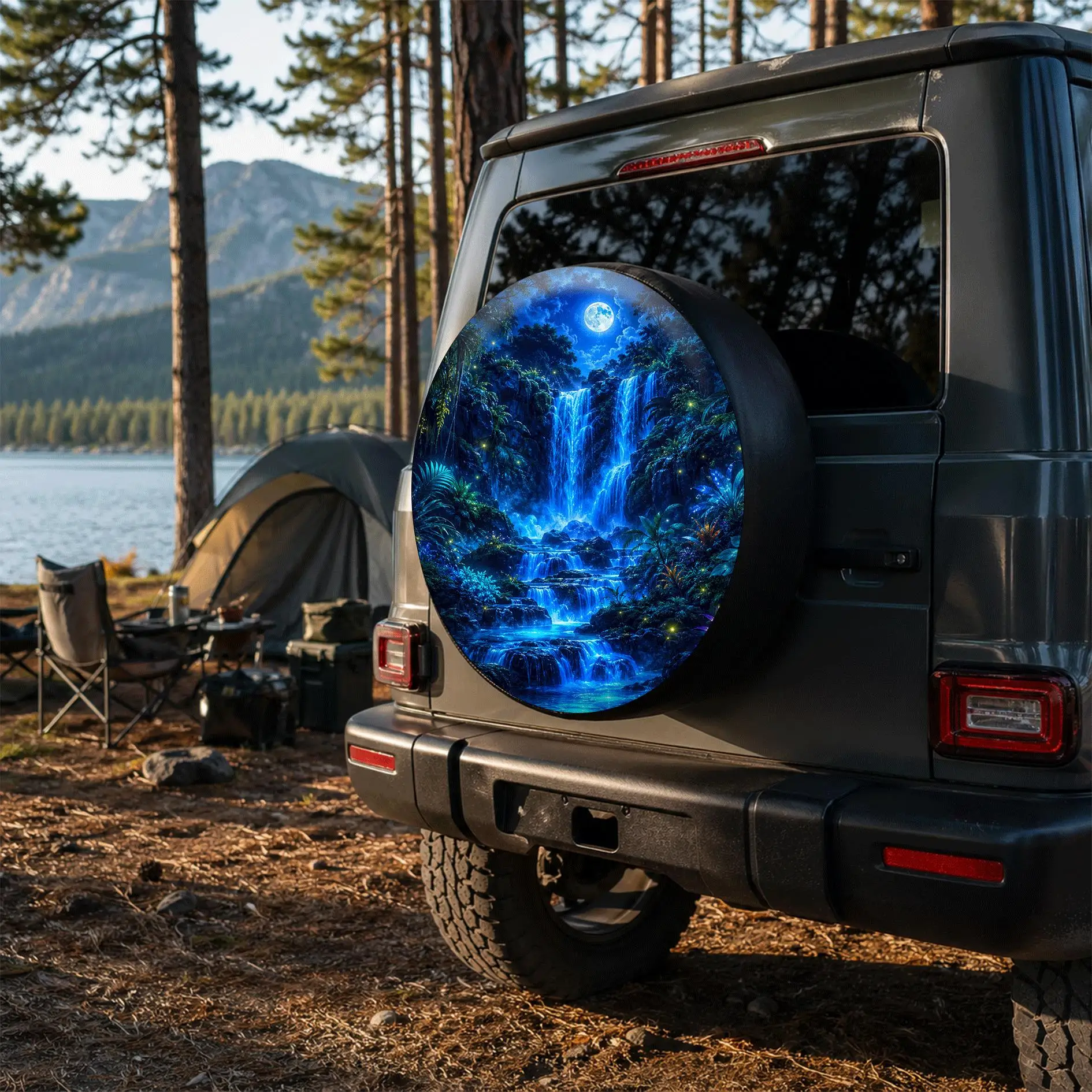 夢のような暗闇で光る森の滝プリントスペアタイヤカバー SUV - Outdoor Camping Vehicle のレビューと価格