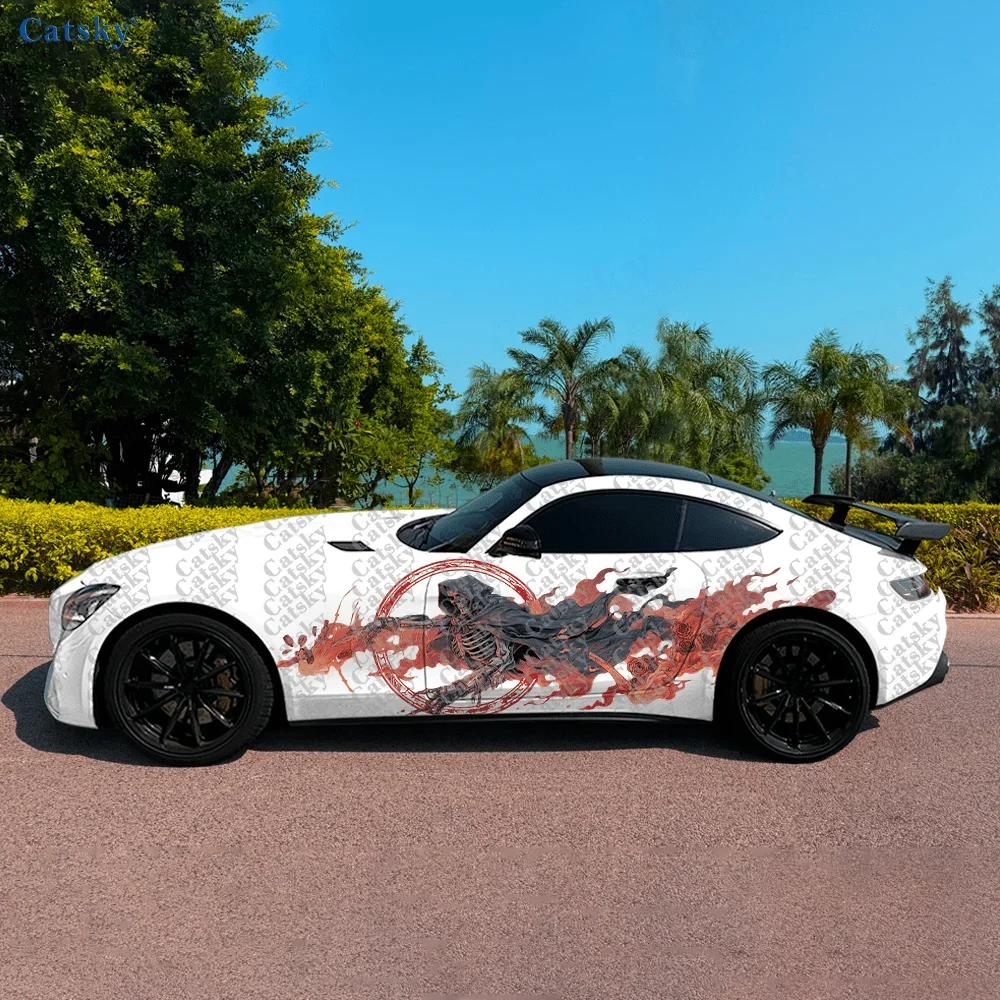 2pcs Flame Cloak Skeleton Car Side Sticker Decoration, PVC Waterproof Scratch Resistant Decal, Car Protection, Auto Accessories