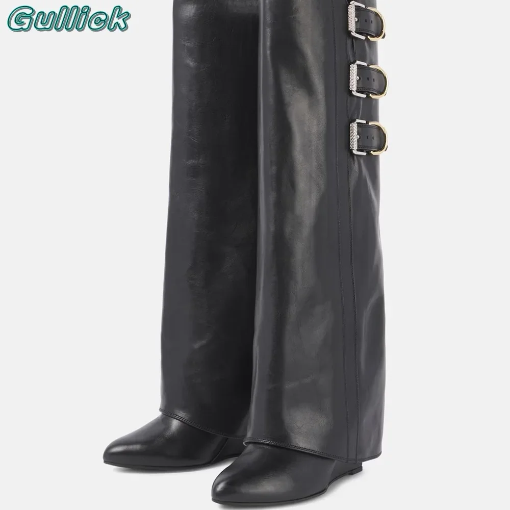 Shark Lock Buckle Boots Pointed Toe Black Leather Knee-High Boots Height Increasing Women Spring Winter Boots 2024 New Trend