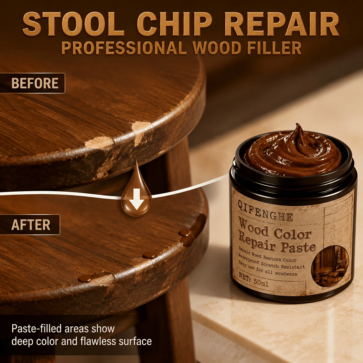 Wood Furniture Repair Paste, Color Restoring Wood Filler, Repairs Chips And Scratches for Wooden Stools Cabinets Tables