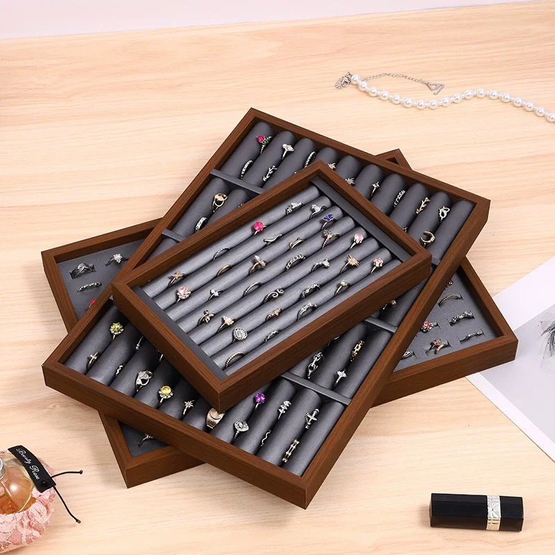 Vintage Walnut Wooden Grain Jewelry Tray Multipurpose Necklace Bracelet Earrings Ring Display Plate Jewellery Storage Organizers