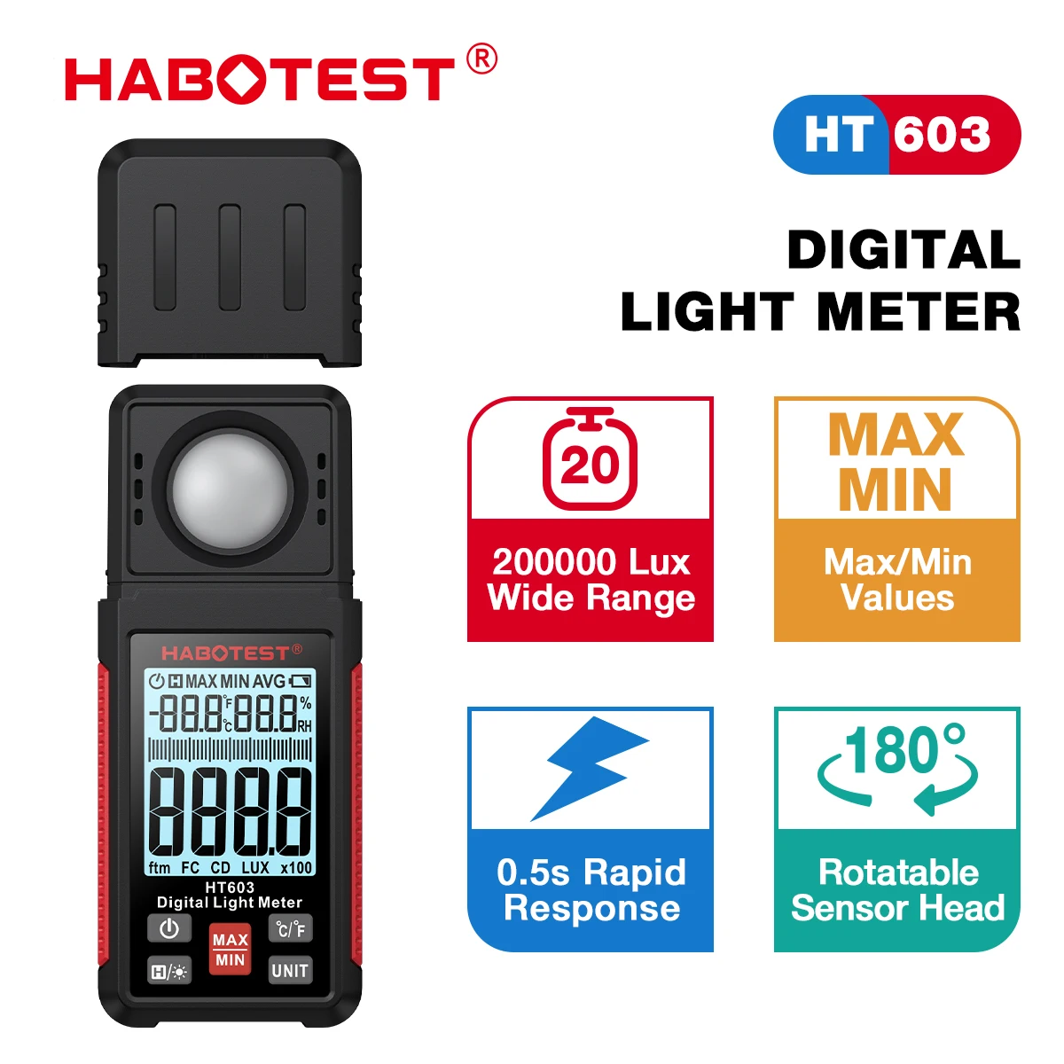 HABOTEST HT603 Light Meter 200000 Lux Digital Illuminance Meter with Ambient Humidity and Temperature Meter Lux Meter