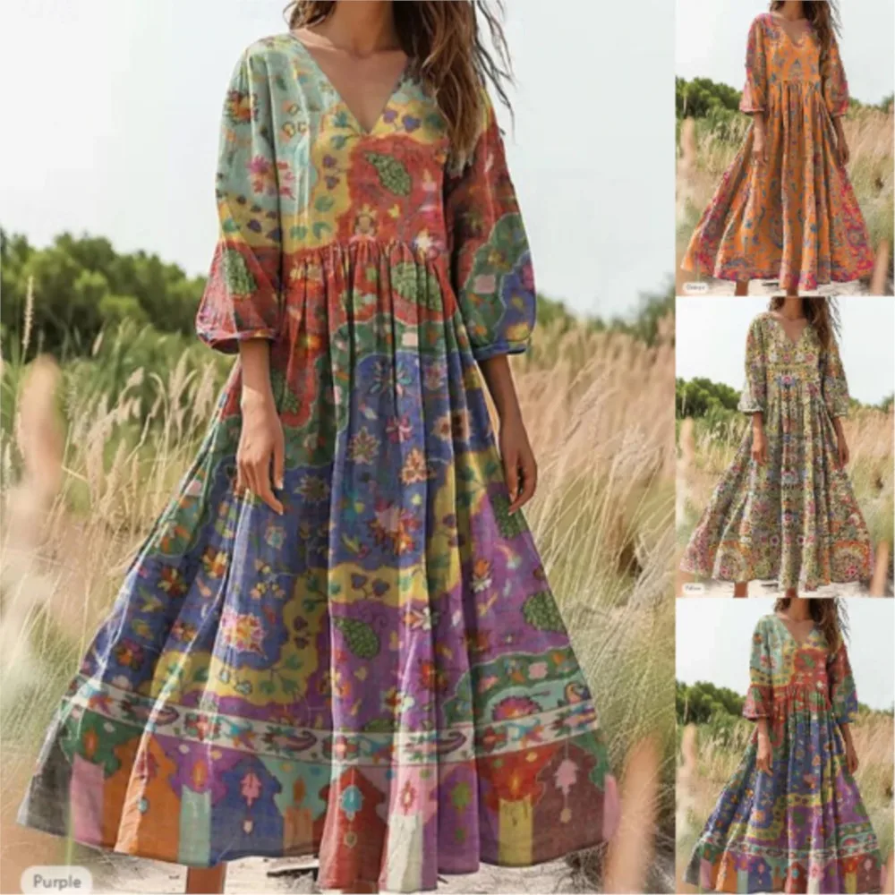 

2026 Spring Loose Dresses For Ladies Dress For Wedding Vestidos Bohemian Casual Women's Clothing Holiday Vacation Printed V-link