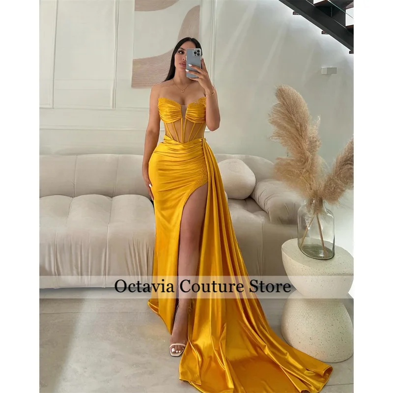 Stylish Satin Evening Dress for Woman Mermaid Beads Pleated Corset Saudi Arabric Vestido de Graduacion Customized