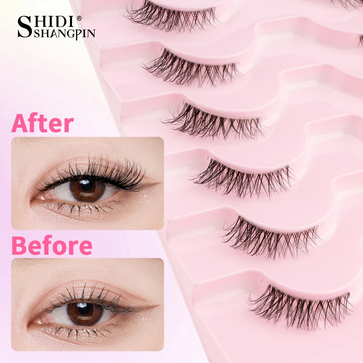 Ciglia Finte a Metà Lunghezza 5/10 Paia, Aspetto Naturale, Effetto Occhio di Gatto, Estensione Ciglia con Banda Trasparente