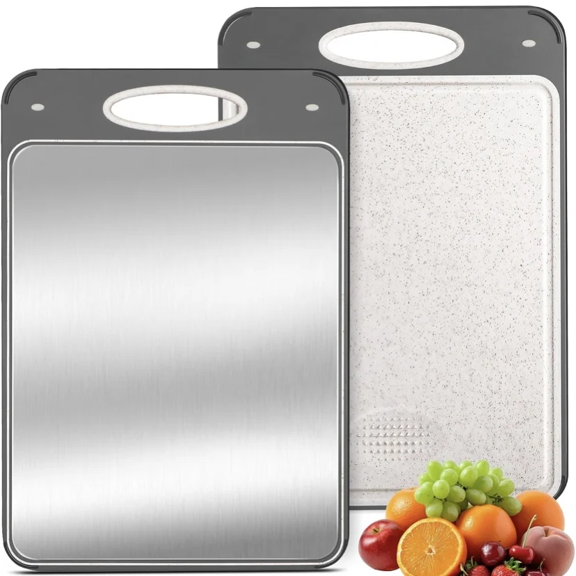 Cutting Board Double Sided,Large Stainless Steel Cutting Boards,Wheat Straw Cutting Boards for Kitchen with Easy Grip Handle