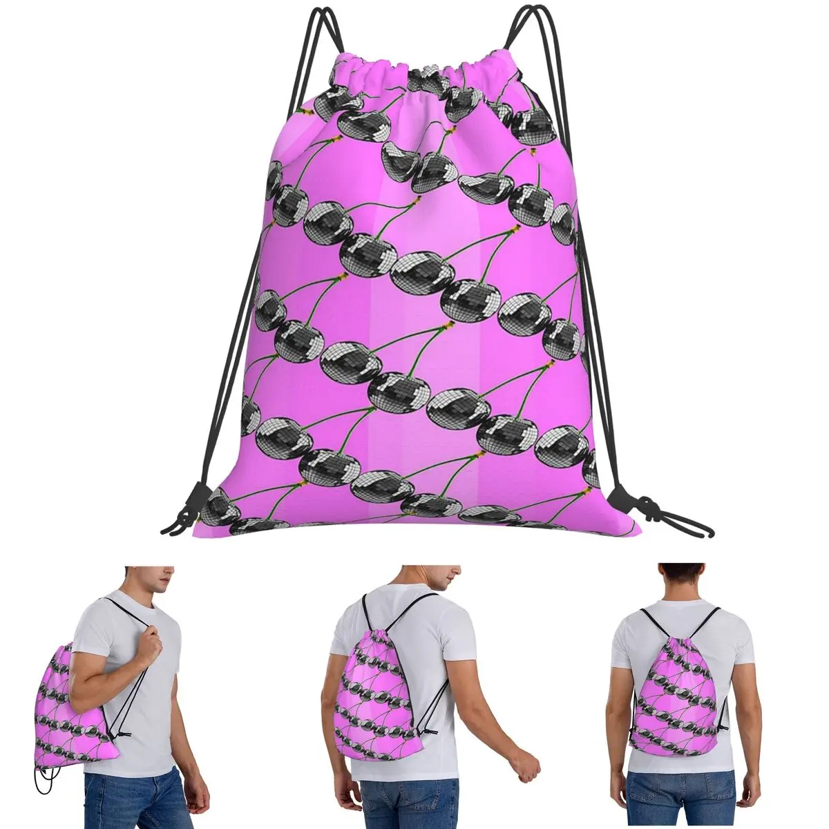 Silver Cherry Pinkness Backpacks Portable Drawstring Bundle Pocket Shoes Bag Book Bags for Travel School