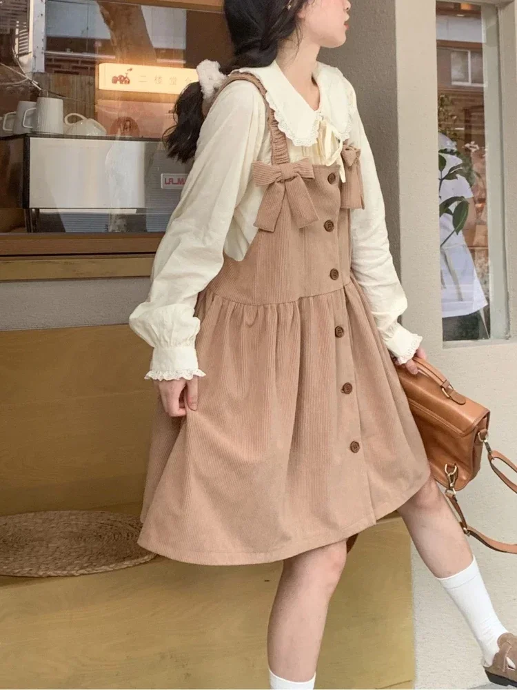 Preppy Style Matching Sets Peter Pan Collar Puff Sleeve Shirts Bow Patchwork Tank Dress Summer Sweet Design Women Clothing 2024