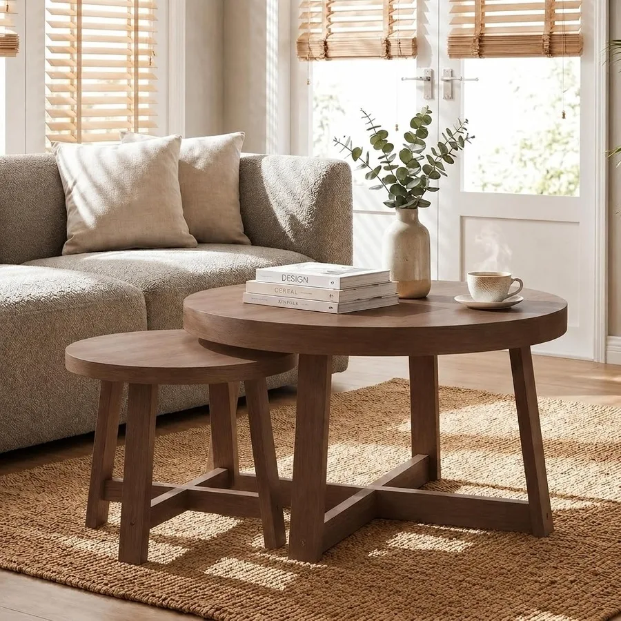 Round Wooden Nesting Coffee Table Set of 2 for Living Room