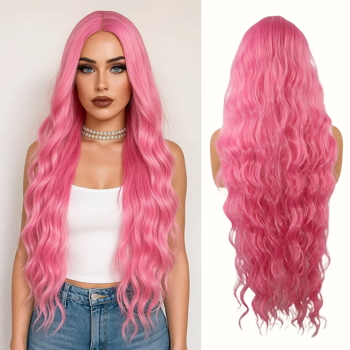 SQRDGQ Long 28inch Pink Wigs for Woman Synthetic Hair Natural Wavy Woman Wigs Daily Party Cosplay Wigs Women