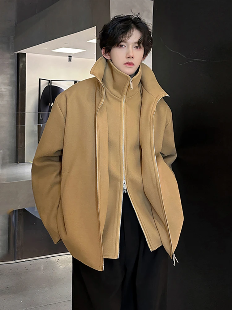 

Korean Sle Men's ort Thiened Woolen Coat Autumn Winter Cotton Lined Stand Collar Windbreaker Faionable Youth Sle