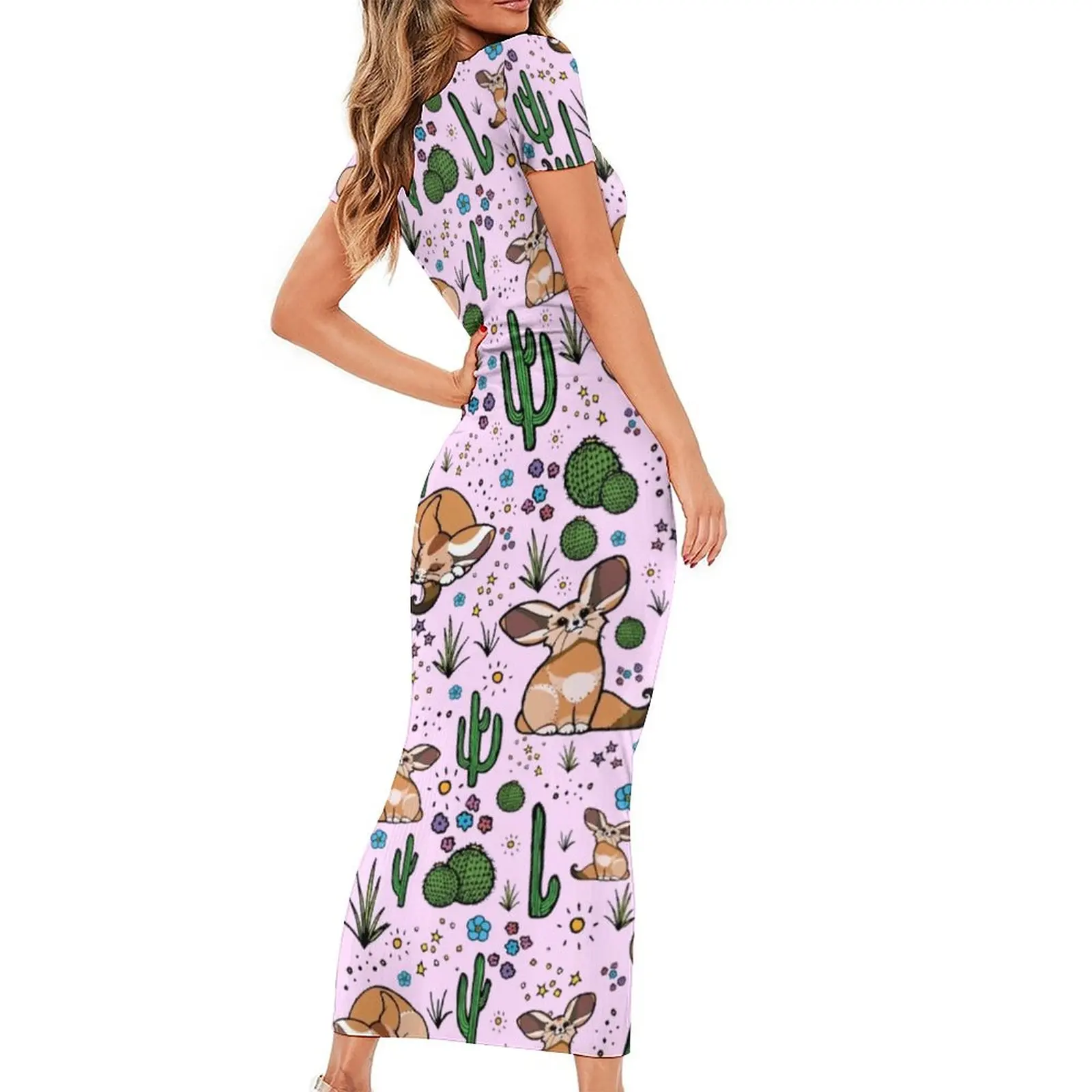 Fennec Fox Bodycon Dress Woman Cute Desert Print Night Club Maxi Dresses Summer Short Sleeve Aesthetic Graphic Dress 4XL 5XL