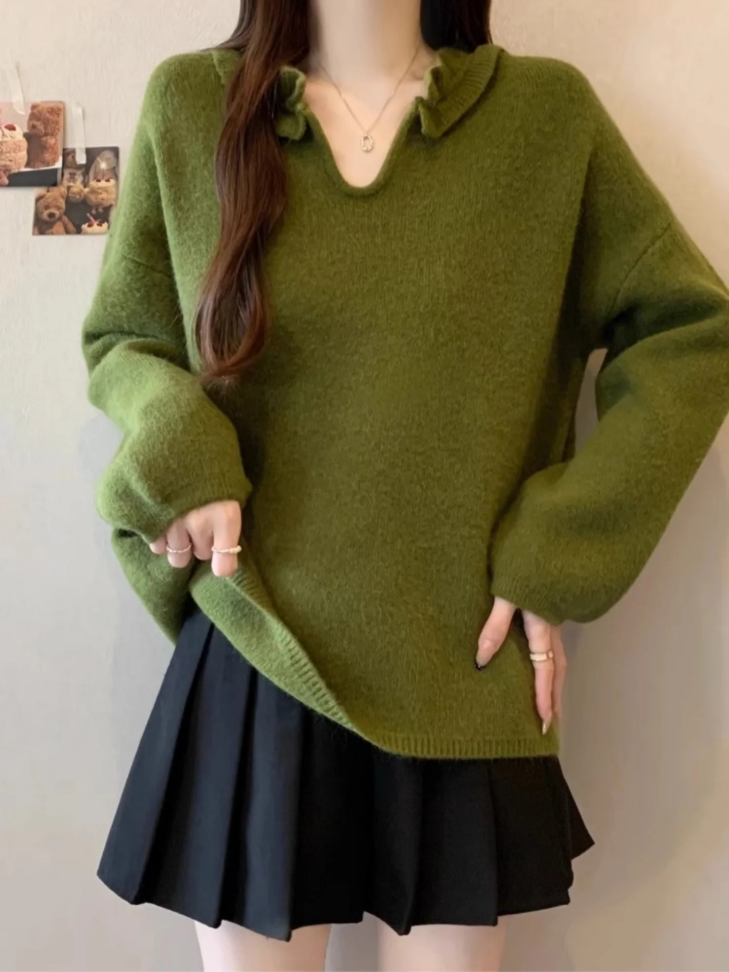 

Вязаный свитер с длинным рукавом и V-образным вырезом для женщин больших размеров, осенне-зимний, модный, с большим воланом, повседневный, для работы и отдыха