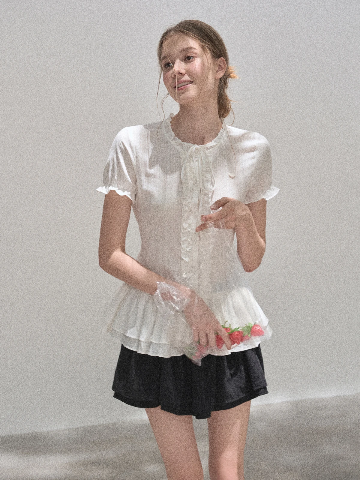 

Summer Women's ort Sve irt Waist Cinching Lace Trim Splice Top Simple Sle Cotton Polyester Blend round Ne Loose Fit