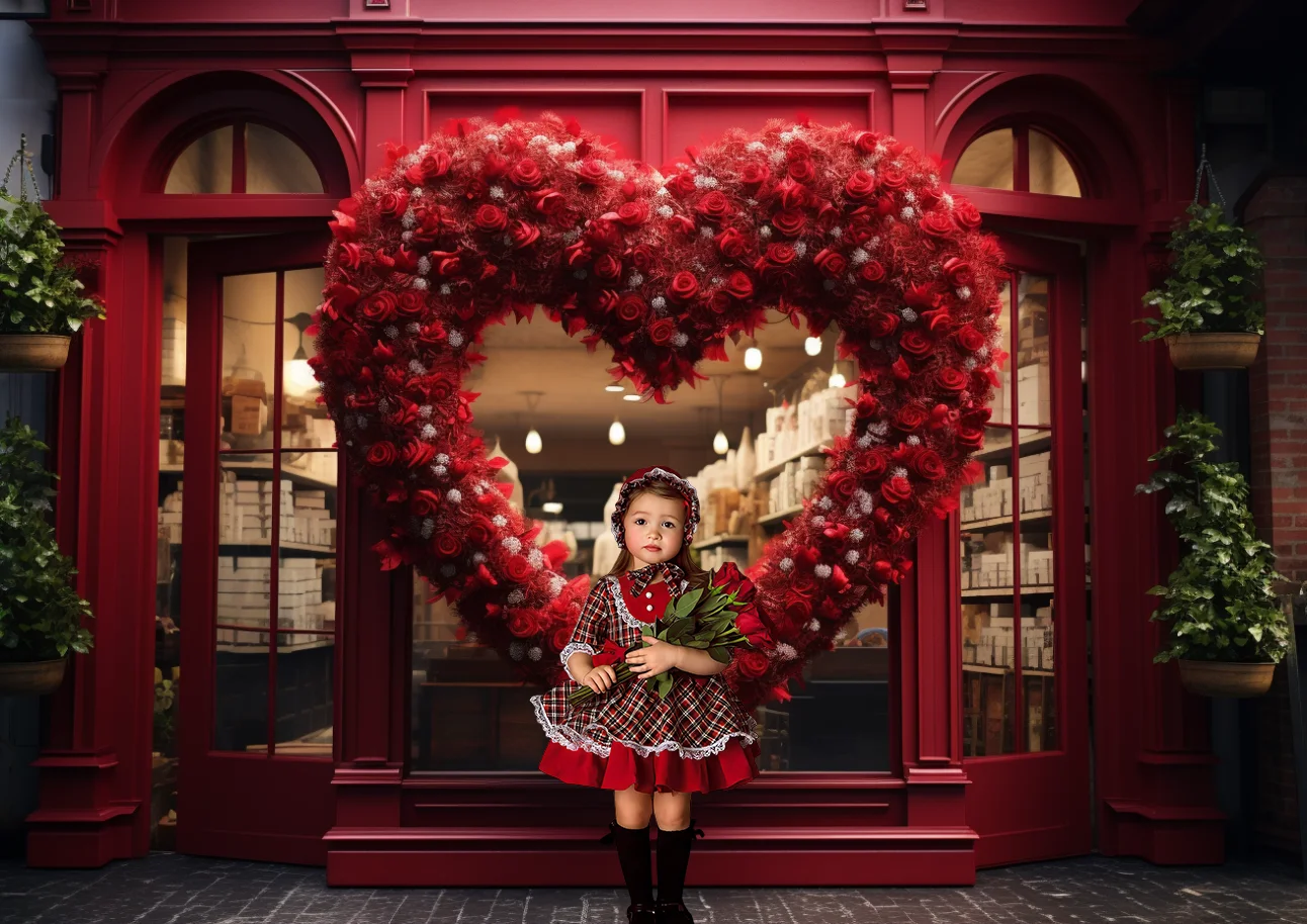 Valentine's Day Backdrop Heart Shape Wreath Red Store Window Door Romantic Love Kid's Birthday Portrait Background Photo Studio