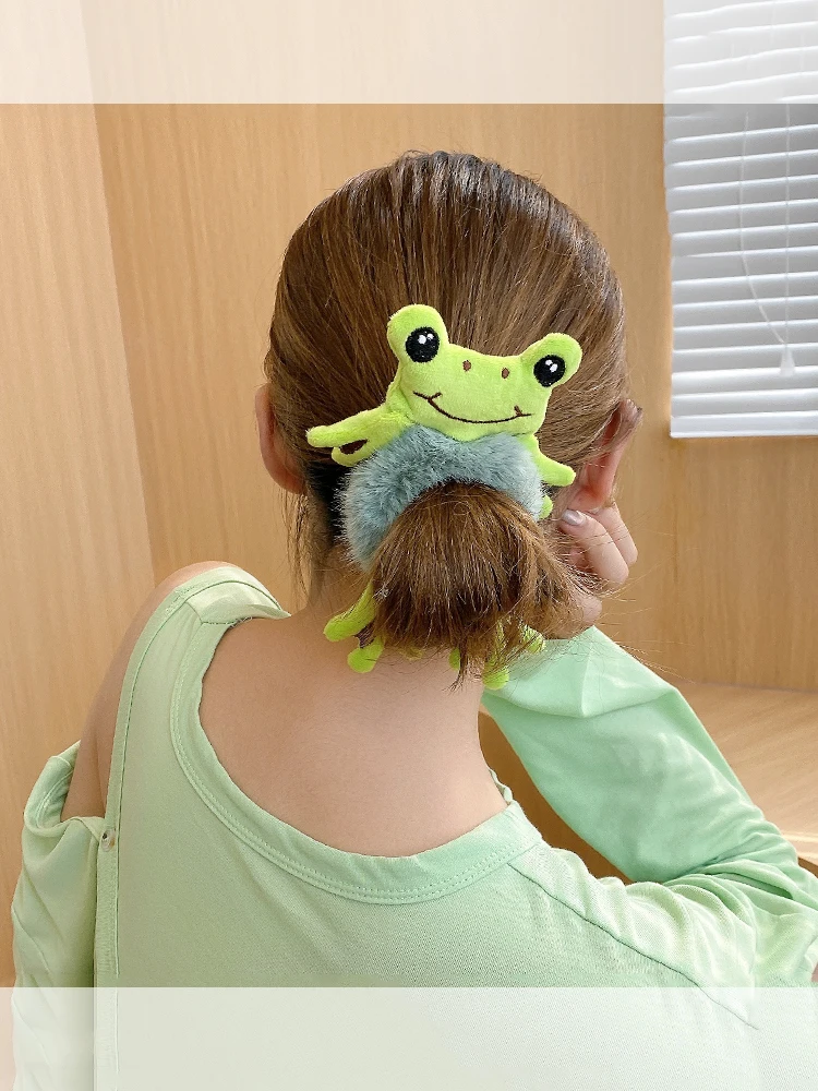 Cute Winter Plush Cartoon Frog Bear Scrunchie Women Girls Kids Elastic Hair Bands Accessories Hair Ring Rope Headdress Ornaments