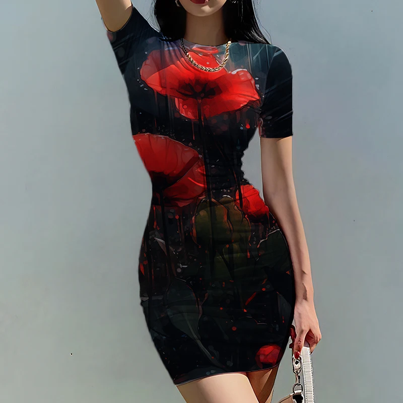 Summer new ladies slim dress bright flower 3D printed lady dress retro style ladies slim dress fashion trend lady slim dress