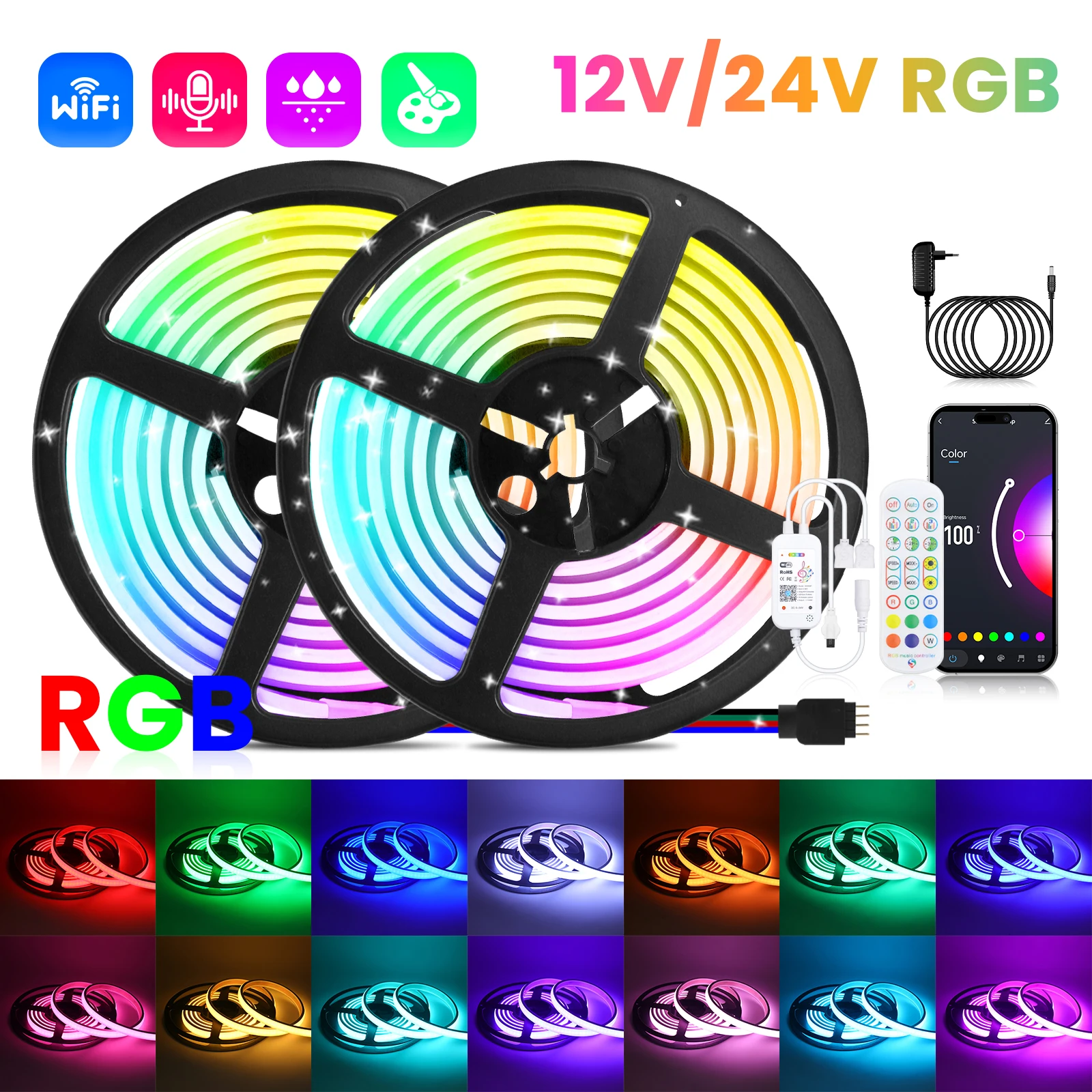 12V 24V RGB COB Strip Tuya WIFI Remote Control Flexible Ribbon Tape 576leds/m Waterproof FOB LED Neon Light Outdoor Room Decor