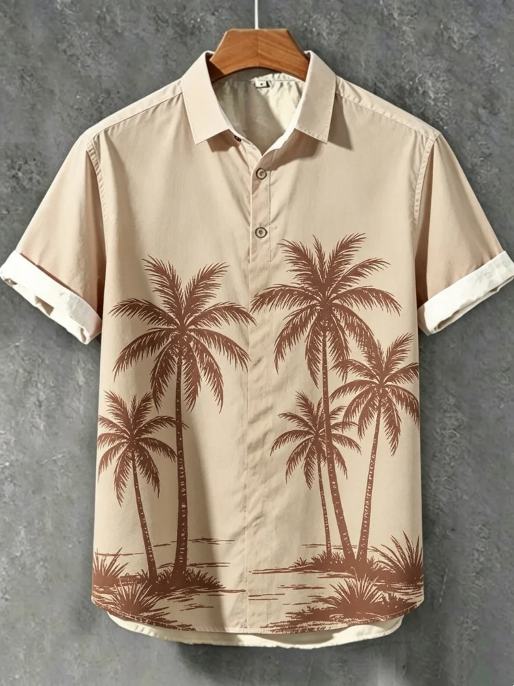 

Men's Loose Comfort 3-Button Short Sleeve Shirt, Beige Hawaiian Palm Tree Graphic Casual Top, Beach Vacation Style
